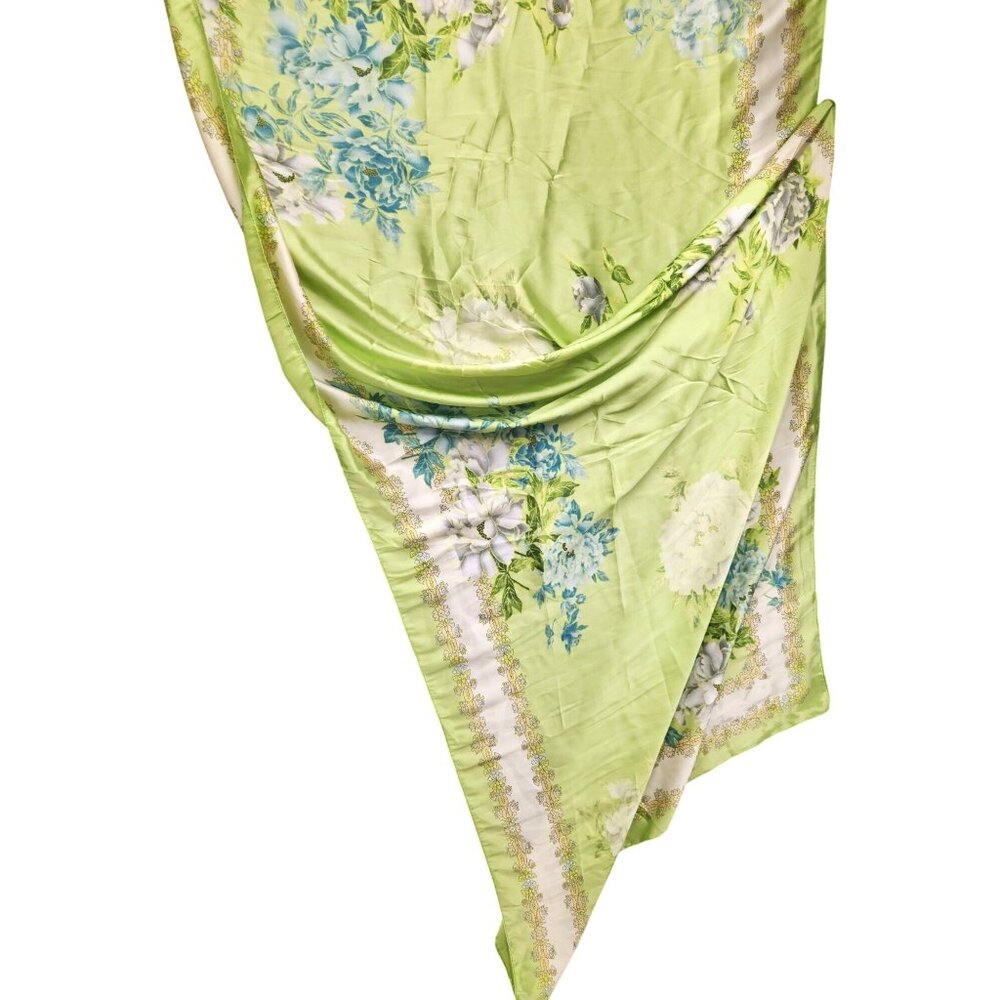 Green Floral Satin Scarf Lightweight Shawl Wrap Elegant Summer Accessory - Picture 12 of 12